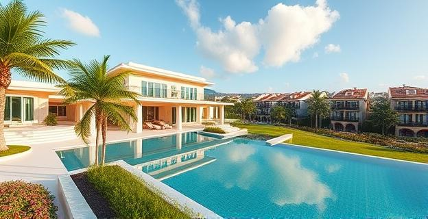 Una urbanización de lujo en el Caribe con mansiones y jardines exóticos, y un edificio de oficinas de alta gama en un barrio exclusivo de una ciudad europea.