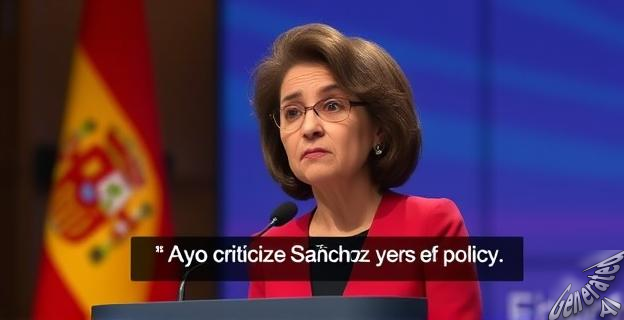 Imagen de Isabel Díaz Ayuso hablando en un foro con una bandera de España al fondo y una expresión de crítica en su rostro, con un titular que dice 