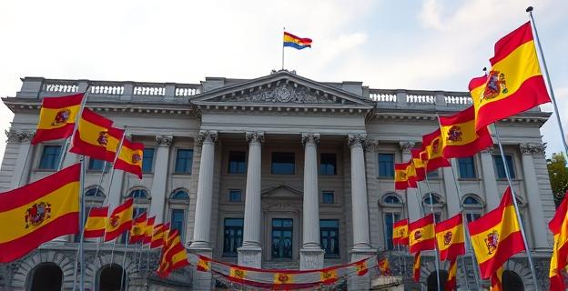 Imagen de un edificio oficial con apariencia de tensión y conflicto, representando la sede del PSOE o el Congreso de los Diputados con banderas españolas ondeando a media asta y pancartas de protesta en los alrededores.