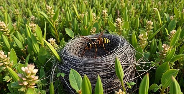 Imagen de una avispa velutina en un nido rodeado de vegetación densa en una zona rural de Galicia