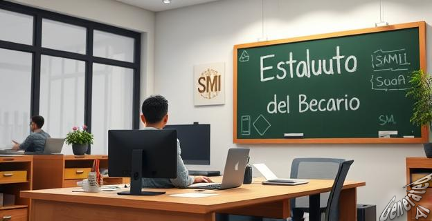 Una imagen de una persona trabajando en una oficina con un cartel de 