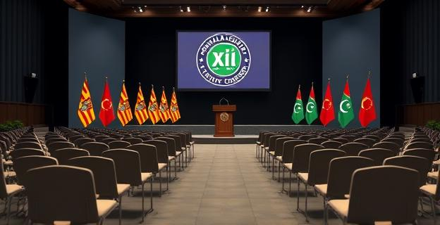 Una sala de conferencias con una tarima y sillas para los asistentes, con banderas de Cataluña y símbolos islámicos. Al fondo, una pantalla con el logotipo del XVI Congreso Islámico de Cataluña.