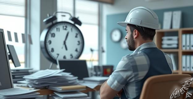 Una imagen de un trabajador mirando un reloj en una oficina con papeles y documentos esparcidos alrededor, simbolizando la sobrecarga laboral y las horas extraordinarias no pagadas.