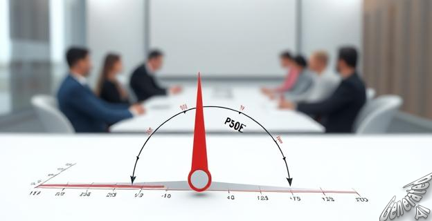 Gráfico mostrando un barómetro con una aguja inclinada hacia el PSOE, con una sombra representando el sesgo. Al fondo, una imagen borrosa de una sala de reuniones con expertos discutiendo.
