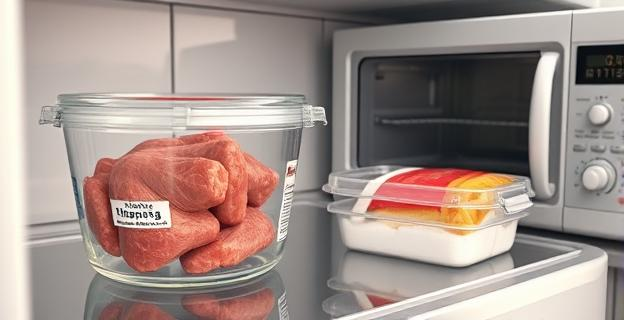 Imagen de una cocina con diferentes recipientes: uno en la nevera con carne descongelándose, otro con agua fría y carne envasada, y un microondas al fondo con la puerta abierta