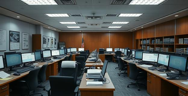 Oficina gubernamental con personal trabajando en escritorios, rodeados de documentos y pantallas de computadora, con un ambiente serio y profesional, sin personas ni nombres propios visibles