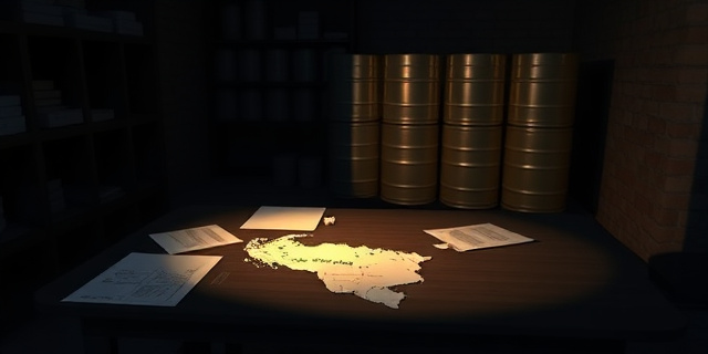 Una sala oscura iluminada solo por la luz tenue de un escritorio, sobre el cual reposan papeles y un mapa de Venezuela. En el fondo, una gran cantidad de barriles de petróleo reflejan la luz, creando sombras que se extienden sobre la mesa. La escena transmite tensión y secreto, sin mostrar rostros humanos.