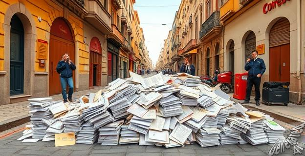 Una imagen de una calle en Jaén con una gran cantidad de cartas y notificaciones amontonadas en el suelo, con carteros y trabajadores de Correos en el fondo, mostrando una expresión de agotamiento y frustración.