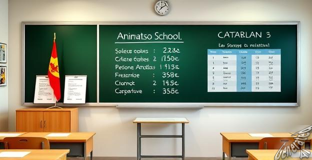 Aula escolar con pizarra bilingüe español-catalán y gráficos comparativos de resultados de exámenes