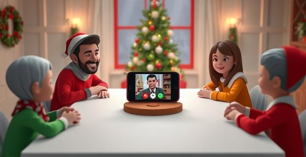 Escena navideña con familia alrededor de una mesa vacía, con un teléfono mostrando una videollamada en el centro