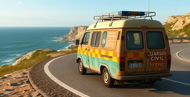 Una furgoneta vieja y deteriorada circulando por una carretera costera con un paisaje de costa y mar al fondo, representando la falta de medios de la Guardia Civil