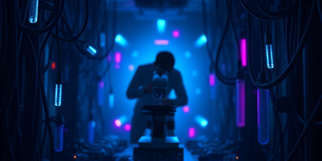 Imagen oscura y conceptual. Un laberinto de cables y tubos de ensayo iluminado por luces neón azul y púrpura. En el centro, una silueta borrosa que representa una figura humana, inclinada sobre un microscopio. El estilo debe ser ciberpunk y distópico, con un énfasis en la tensión y el misterio. Colores predominantes: azul, púrpura, negro y gris.