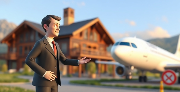 Una imagen conceptual que represente la conexión entre un político y una empresa fantasma que recibe dinero de una aerolínea rescatada por el gobierno, con un fondo de una urbanización de lujo y un chalé.