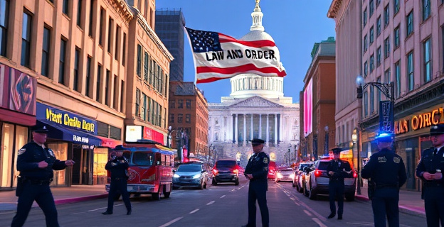 Una ciudad estadounidense con una calle principal iluminada y tranquila, con agentes de policía y guardias nacionales patrullando. Al fondo, una pancarta con el lema 