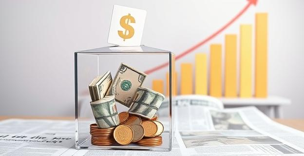 Imagen de una urna de cristal con billetes y monedas, simbolizando la recaudación de fondos mediante crowdfunding. Al fondo, un gráfico de barras mostrando el incremento de los ingresos. Un titular de periódico con la noticia de la investigación del PSOE.