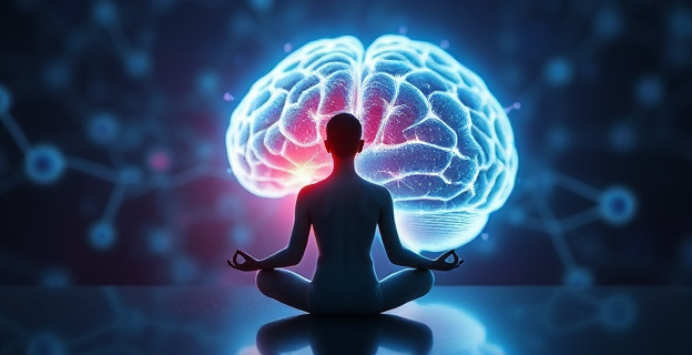 Una imagen que contraste la serenidad de una persona meditando con una representación abstracta de la complejidad neuronal en el cerebro, destacando la dualidad de los efectos del mindfulness.