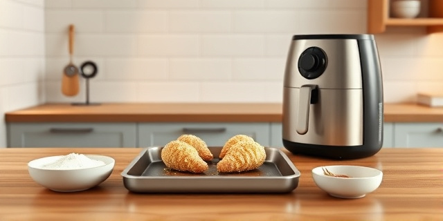 Una cocina de estilo minimalista con una freidora de aire de acero inoxidable sobre una mesa de madera, una bandeja de pollo cubierto con pan rallado panko, ingredientes desordenados en pequeños recipientes: harina, huevo, especias, y una luz cálida que enfoca el proceso de rebozado y cocción.
