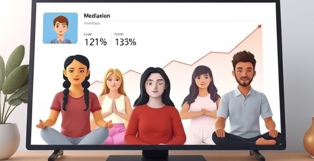 Una pantalla de ordenador mostrando una sesión de meditación grupal virtual con personas de diferentes edades y etnias conectándose desde distintos lugares del mundo, con expresiones de calma y concentración. Al fondo, un gráfico mostrando una tendencia a la baja en estadísticas de depresión.