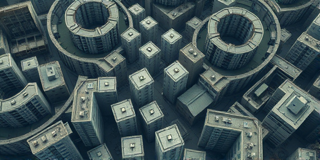 Una vista aérea de un laberinto de edificios grises y desordenados, con algunos parcialmente demolidos y otros en construcción. El laberinto representa la burocracia y la falta de claridad en la gestión del patrimonio inmobiliario público. Colores apagados y atmósfera opresiva. Estilo hiperrealista con toques de surrealismo.
