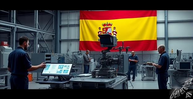 Imagen de una fábrica de tecnología de defensa con ingenieros trabajando en equipos de alta tecnología y una gran bandera de España al fondo.