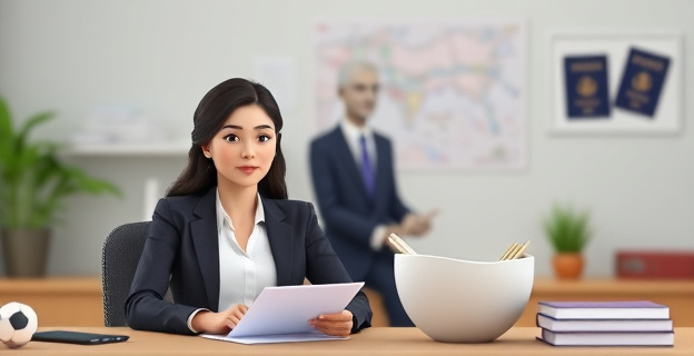 Una imagen de una mujer y su asesora en un entorno de trabajo, con un fondo de documentos y pasaportes, simbolizando la investigación judicial y la negativa a entregar los pasaportes.