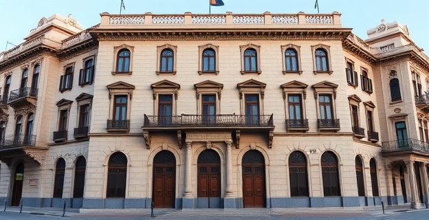 Edificio histórico en Madrid con fachada imponente y detalles arquitectónicos árabes, representando la sede de la Casa Árabe en España.