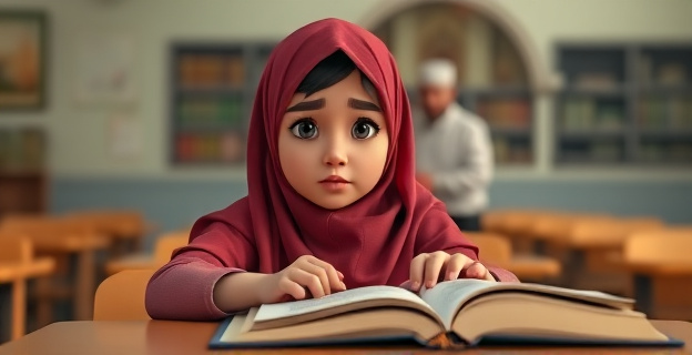 Una niña de origen musulmán sentada en un pupitre de colegio con una Biblia o un libro de texto español abierto, mientras al fondo se ve una imagen borrosa de una mezquita o un padre con ropa tradicional musulmana. La niña mira hacia adelante con una expresión de desconcierto o rebeldía.