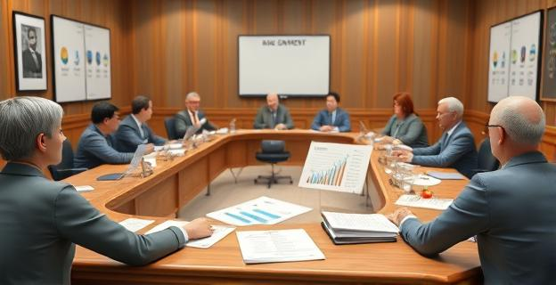 Imagen de una reunión sindical con gráficos de presupuestos y documentos oficiales de gobierno