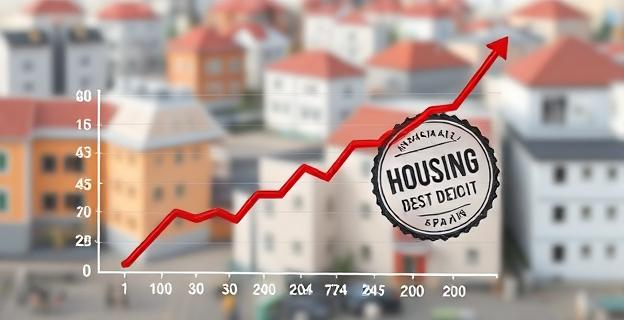 Una imagen de un gráfico mostrando el aumento de la inmigración en España con un fondo de viviendas en construcción y un sello de déficit habitacional