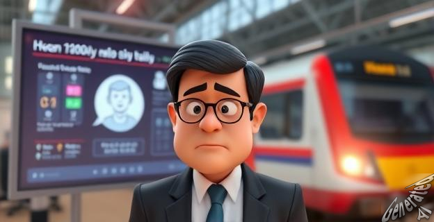 Imagen de un ministro frustrado frente a una pantalla con una IA burlona, mientras un tren se retrasa al fondo. Elementos de tecnología y transporte se mezclan en un escenario de confusión y humor.