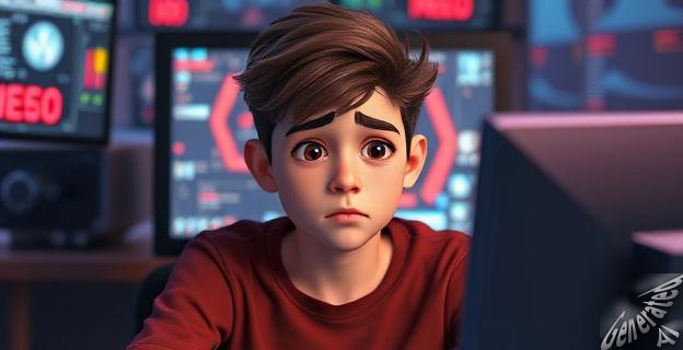 Una imagen de un joven adulto sentado frente a una pantalla de computadora con una expresión de tristeza y soledad, rodeado de dispositivos electrónicos que simbolizan la conexión con la inteligencia artificial.