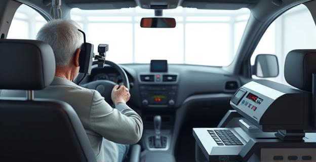 Imagen de un centro de reconocimiento de conductores con equipo médico evaluando a un adulto mayor