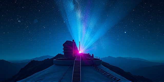 Una representación artística y surrealista de una cámara digital colosal y futurista situada en la cima de una montaña chilena bajo un cielo nocturno hiperdetallado. La cámara proyecta un haz de luz que revela capas de galaxias, nebulosas y asteroides como si fueran fotogramas de una película de cine antigua flotando en el espacio profundo. Estilo cinematográfico, colores vibrantes, contrastes profundos de azul y violeta.