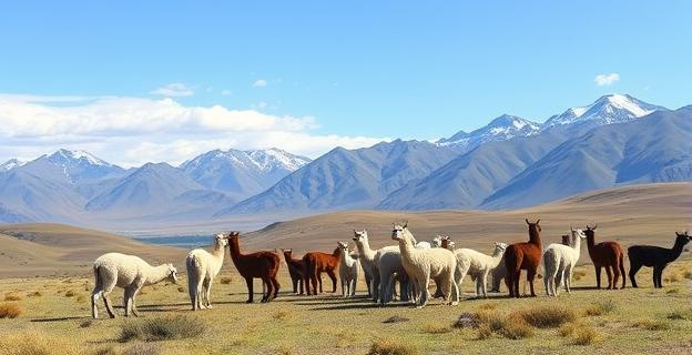 Imagen de un bofedal en el altiplano boliviano con llamas y alpacas pastando, rodeados de montañas