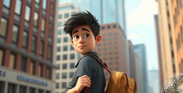 Un hombre joven con una mochila en la mano, mirando hacia atrás con una expresión de preocupación, mientras está rodeado de edificios de la ciudad en el fondo.