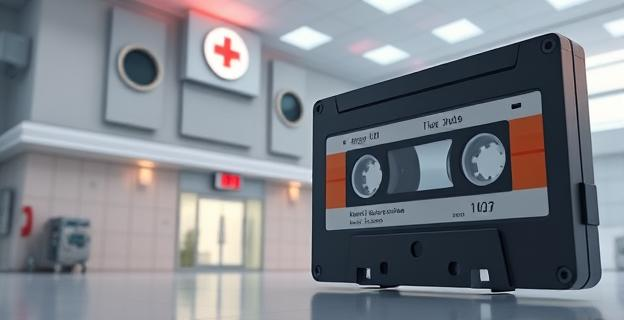 Imagen de un hospital con una cinta de audio grande al lado, representando una conversación filtrada