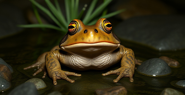 Imagen de un sapo del río Colorado en su hábitat natural, con una cámara de visión nocturna resaltando sus ojos brillantes, y un fondo con elementos de la naturaleza como plantas y rocas.