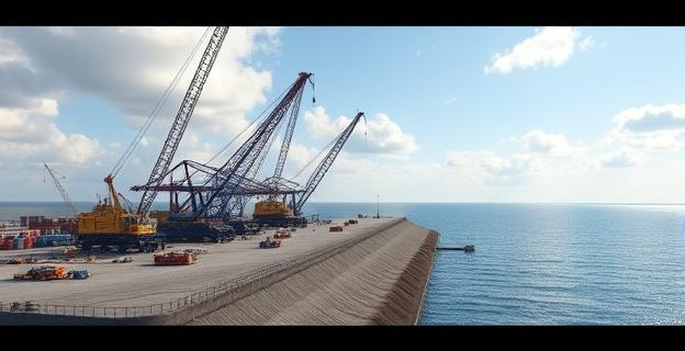 Imagen de un puerto en construcción con grúas y maquinaria pesada trabajando en un dique o rompeolas, con un cielo parcialmente nublado y el mar en el fondo.