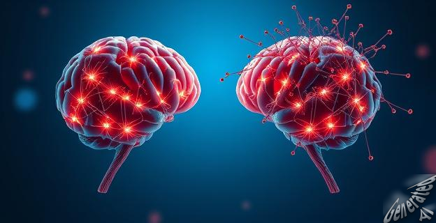 Ilustración de cerebros humanos con conexiones neuronales brillantes para representar la sincronización de los cerebros optimistas, y conexiones dispersas y desordenadas para representar la variedad en los cerebros pesimistas.