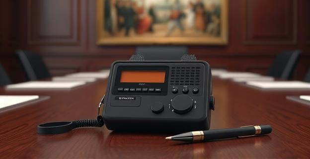 Una grabadora en una reunión con una mesa de madera oscura, un bolígrafo y un bloc de notas. Al fondo, una pared con un cuadro de una escena política.