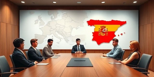 Una sala de juntas con un gran mapa de España en la pared, varios hombres y mujeres de negocios sentados alrededor de una mesa, con expresiones de sorpresa y preocupación en sus rostros.