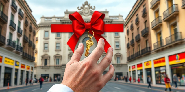 Una ilustración satírica de estilo editorial. Un edificio gubernamental lujoso envuelto en un papel de regalo gigante con un lazo rojo. En primer plano, una mano con un anillo costoso sostiene una llave dorada. El fondo es una calle transitada de Madrid con contrastes entre el lujo del edificio y la cotidianeidad urbana. Colores vibrantes pero con un toque cínico, estilo caricatura política de alta gama.