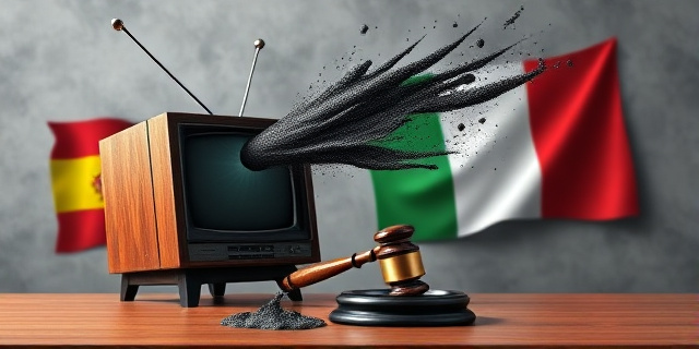 Una ilustración conceptual y satírica. Un televisor antiguo de madera que actúa como un cañón, disparando chorros de lodo oscuro sobre un mazo de juez de madera colocado sobre un escritorio judicial. El fondo es una mezcla abstracta de banderas de España e Italia fundiéndose en un tono grisáceo. Estilo editorial de revista, colores contrastados, atmósfera de crítica social.