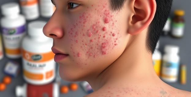 Imagen de una persona con acné en la cara y espalda, con un fondo de suplementos nutricionales y medicamentos