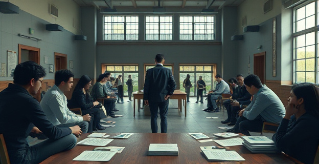 Una ilustración de un entorno universitario con un grupo de personas en un ambiente tenso y sombrío, con documentos y testimonios esparcidos, sin incluir personas ni nombres propios específicos.