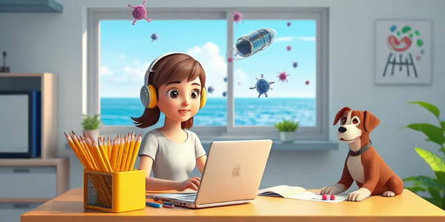 Una escena de una sala de estudio con una estudiante escuchando música en auriculares, mientras a su lado una caja de lápices representa los deberes. Al fondo, una ventana con una vista del océano donde se ve una cápsula espacial flotando. En el cielo, una nube de microbios que se asemeja a aves pequeñas, y un perro con una pastilla sobre su mesa. Todo sin rostros humanos, con colores vibrantes y una sensación de mezcla entre lo cotidiano y lo científico.