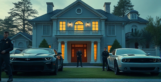 Una vivienda con dinero emparedado y vehículos deportivos de lujo en el exterior, rodeada de policías y un ambiente de misterio y corrupción