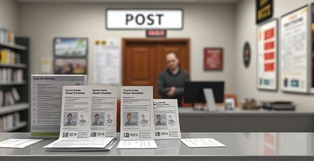 Una oficina de Correos con papeletas electorales y documentos de identificación en un mostrador, con un ambiente de investigación judicial al fondo