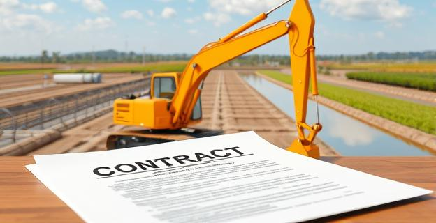 Una imagen de una constructora con una excavadora en un paisaje industrial, con un contrato o documento oficial en primer plano y un fondo con un canal de irrigación.