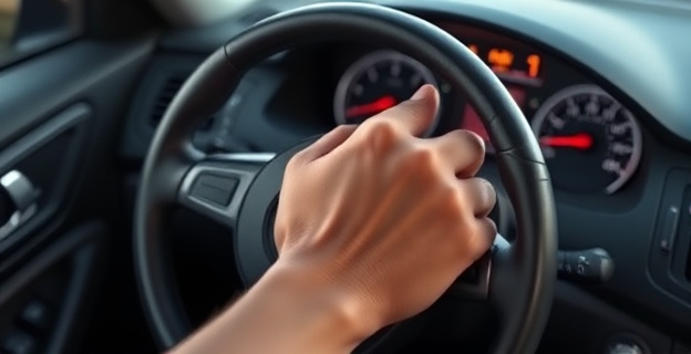 Imagen de un volante con una mano sujetándolo firmemente, mientras al fondo se ve un motor de coche con luces de advertencia en el salpicadero.